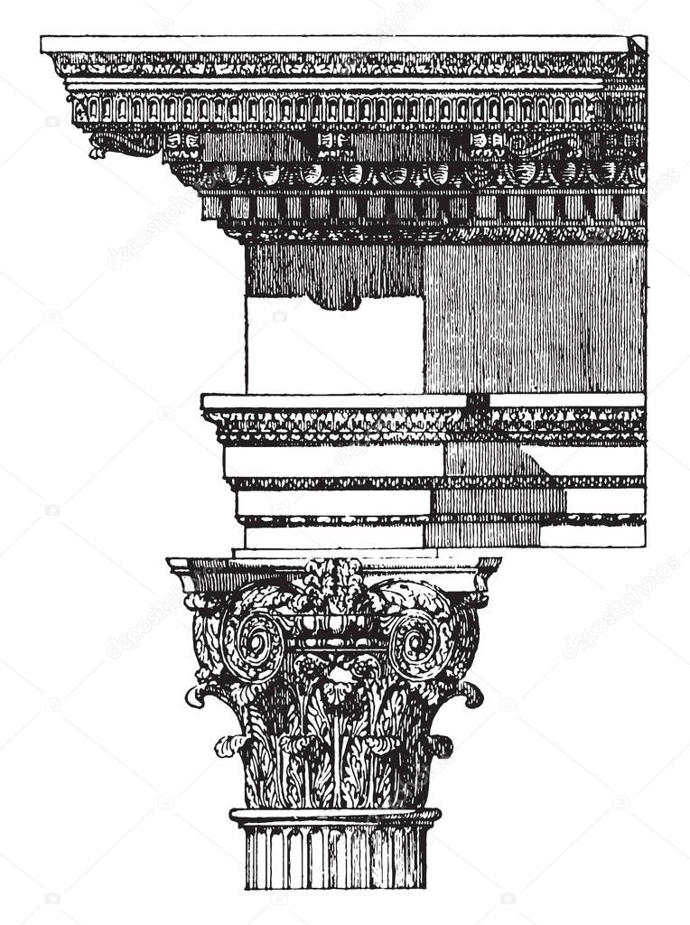 Composite Order, Arch of Titus, a mixed order, combining the volutes of the Ionic order capital,  the acanthus leaves,  vintage line drawing or engraving illustration.