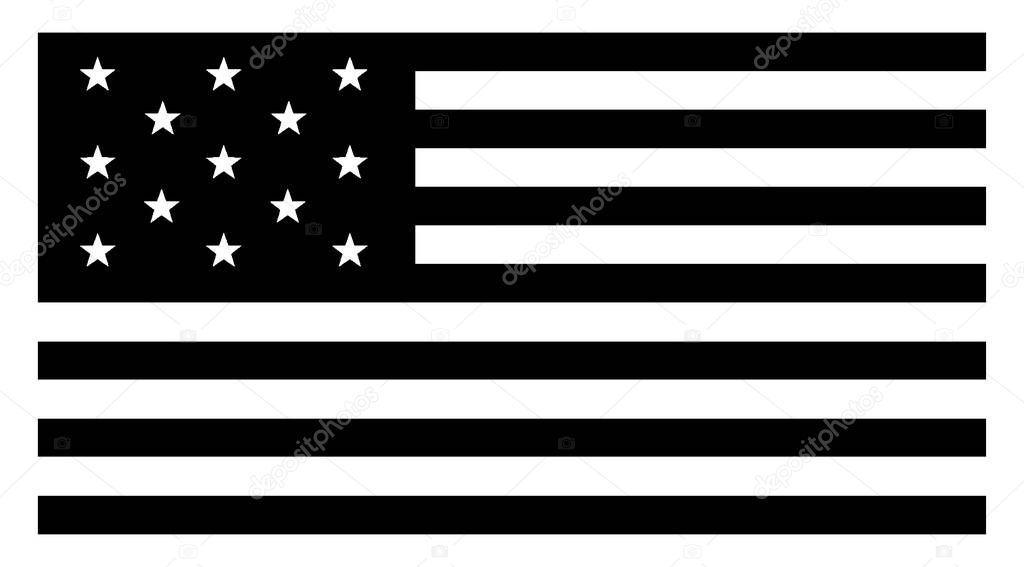 13 Star United States Flag, 1776, this flag has horizontal stripes of red alternating with white and blue rectangle in top left corner of flag, 13 white five pointed stars inside rectangle, vintage line drawing or engraving illustration