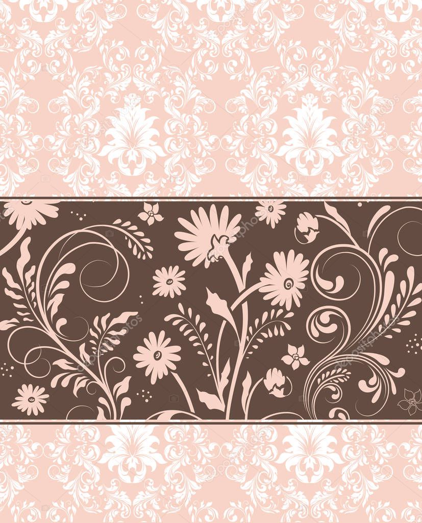 Vintage invitation card with ornate elegant retro abstract floral design, beige flowers and leaves on chocolate brown ribbon on beige and white background with text label. Vector illustration