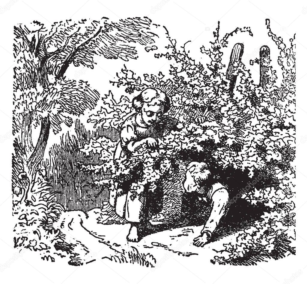 Two children under bushes, vintage line drawing or engraving illustration
