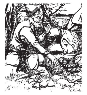 Cüce, birbirilerine, bakan kayalıklarda oturan iki adam onlardan biri yiyor, küçük çanta ve zemin, vintage çizgi çizme veya oyma illüstrasyon kalmasını bıçak