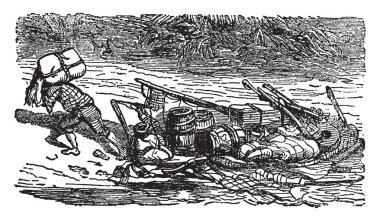Robinson Crusoe landing the plunder, this scene shows a man carrying bag on back, guns and barrels on ground, vintage line drawing or engraving illustration clipart