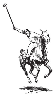 Adam bir polo oyunu kullanarak bir düz ön arka felç, vintage çizgi çizme veya illüstrasyon oyma topu isabet.