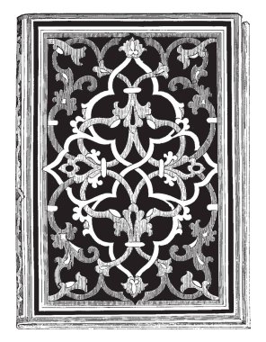 Albüm kapağı tasarlanmıştır, Londra, küçük quarto, zengin tasarladığımız, kahverengi deri, memeli cilt, quarto, okuma, beyaz parşömen, vintage çizgi çizme veya oyma illüstrasyon.