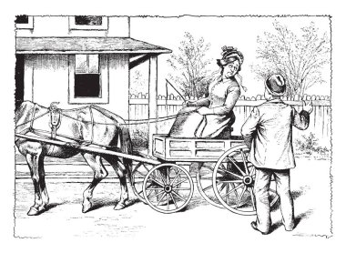 Sepeti, vintage çizim için ayakta veya illüstrasyon oyma adama araba sürüş ve konuşurken bir kadın