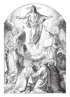 İsa'nın yükseliş, bu sahneyi Tanrı ve iki melek cennette gösterir ve onlara bakan diğer kişiler, vintage satır çizim veya gravür illüstrasyon