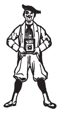 Kamera, vintage çizgi çizme veya oyma illüstrasyon tutan bir adam