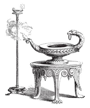 Bir tablo, vintage çizgi çizme veya oyma illüstrasyon bir geleneksel Yahudi lambası eski bir resmi sakladığımı.