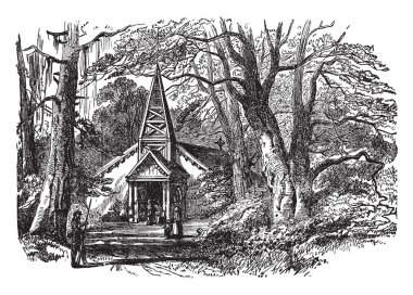 Kilise bir dış görünümü bu resimde gösterildiği woods ile kaplı. Nerede ibadet Tanrı, vintage çizgi çizme veya oyma illüstrasyon insanlar kullanılan.