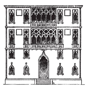 Saray Faade, Venedik, Palazzo Medici Riccardi, Floransa, vintage çizgi çizme veya oyma resimde yer alan Rönesans Sarayı sarayda.