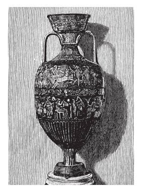 Amfora bir kavanoz iki kulplu, Yunan ve Roma genellikle uzun boylu ve ince olan arasında iki kolları veya kulaklar, vintage çizgi çizme veya oyma illüstrasyon yaşıyor.