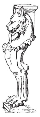 Tablo bacak tasarım, vintage çizgi çizme veya oyma resimde sol tarafında aslan yüzü var.