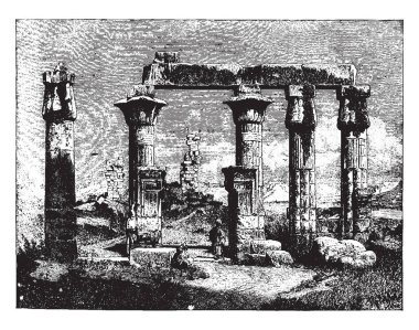 Thebes, 18 Hanedanı, antik kalıntıları, Mısır, Mısır, harabe, enkaz, vintage çizgi çizme veya oyma illüstrasyon.