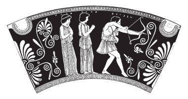 Bu çerçevede bir adam bir yay oka vuruyor ve onu, vintage çizgi çizme veya oyma illüstrasyon duran iki kadın korur.