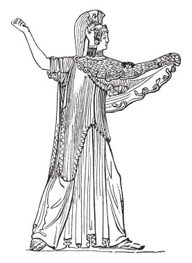 Eski mitolojisine göre Jüpiter tarafından kullanılan koruma keçi Amalthea, onu onun çocukluk baktı deri yapıldı. Minerva Aegis, vintage çizgi çizme veya oyma illüstrasyon birini temsil eder.