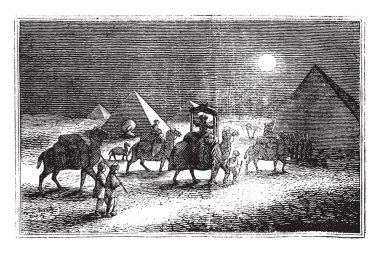 İnsanlar Medine'ye deve ve bazı yürüyerek geçirilen. Bu Hegira bilinir. Piramitler orada arka plan, vintage çizgi çizme veya oyma resimde görülebilir.