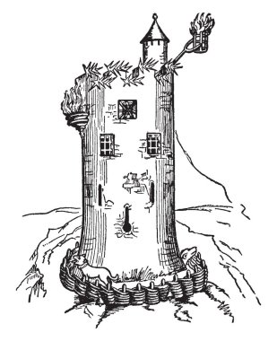 Ortaçağ Watch Tower kuşatmasının zamanında onbeşinci yüzyılın birincil askeri, duran yapısı, vintage çizgi çizme veya illüstrasyon oyma kullanmaktır.