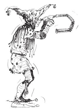 Bir palyaço elinde dürbün tutar ve ondan bir şey görür, vintage çizgi çizim veya gravür illüstrasyon 