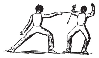 Kılıç, vintage çizgi çizme veya oyma illüstrasyon oyuncular nerede bir oyuncu edge ile diğer oyuncu yüzüne vuruyor eskrim 'Prime Parry' tekniği kullanarak gelin.