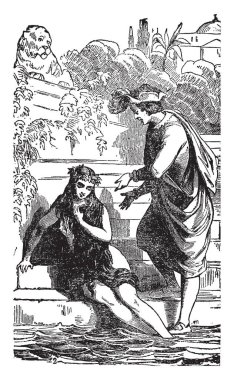 Küçük deniz kızı, onun yanında duran bir çocuk su ve bacakları su, merdivenlerde oturan bir bayan bu sahne gösterir ve onunla konuşmaya, vintage satır çizim veya illüstrasyon oyma