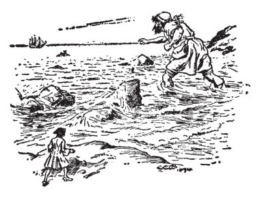 Dev denize girerek, bu sahneyi denizde kayalar denizin kıyısında ayakta küçük adam yürüyen bir dev adam gösterir, arka plan, vintage çizgi çizme veya oyma illüstrasyon gemi