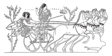 Hippodamia ve Pelops eski bir resmi bir yarış savaş arabası, burada Pelops yarışı kazanacak ve böylece Hippodamia, kim arayan, vintage çizgi çizme veya illüstrasyon oyma.