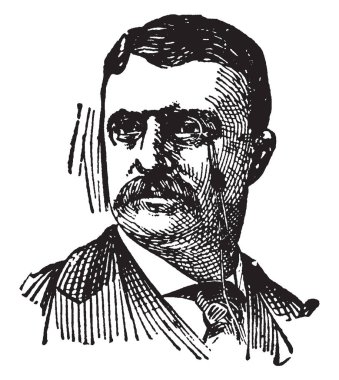 Theodore Roosevelt, 1858-1919, o bir devlet adamı, yazar, explorer, asker, doğa bilimci ve Cumhurbaşkanı Amerika Birleşik Devletleri, vintage çizgi çizme veya oyma illüstrasyon yapıldı.