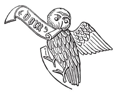 Bu resimde, gagası taşıyan harfler, vintage çizgi çizme veya illüstrasyon oyma bir kaydırma ile baykuş.