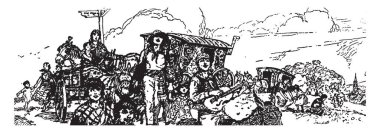 İnsanlar bir yere atlı arabaları ve bazı insanlar müzik aletleri, vintage çizgi çizme veya oyma illüstrasyon iskambil mi gidiyorsun Maggie Tulliver, bu sahne gösterir