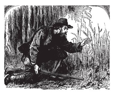 Arpa büyüyen Robinson keşfeder, dizlerinin üstüne oturan ve arpa, vintage çizgi çizme veya oyma illüstrasyon büyüyen seyir silah ile bir adam bu sahne gösterir