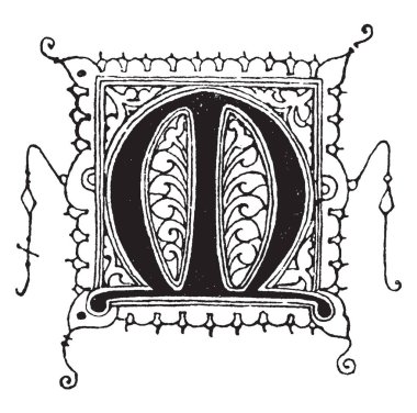 Gotik bir mektupta M çizim veya illüstrasyon oyma uncial, vintage çizgi