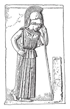 Bir mezar açık başını süre bakarak dikey, Athena'nın başında kask, mızrak, vintage çizgi çizme veya oyma illüstrasyon dinleniyor.