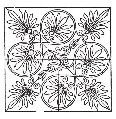 Yunan Kare Panel bir Yunan tapınağı, bir yinelenen tasarım, vintage çizgi çizme veya oyma illüstrasyon ile süslüdür.