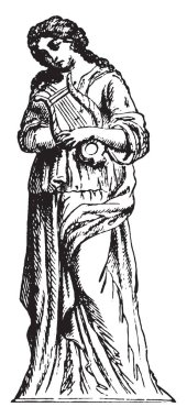 Bu görüntüde elinde bir müzik aleti ile bir kadın ayakta ve o çok üzgün, vintage çizgi çizme veya oyma illüstrasyon.