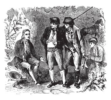 John Andre kim bir İngiliz asker ve siyasetçi yakalanan, vintage çizgi çizme veya oyma illüstrasyon.