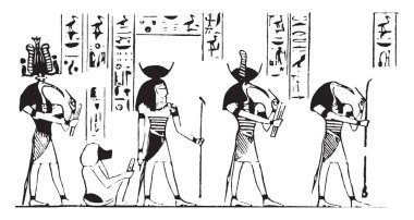 Bu şekilde 4 psyches ve 1 maymun vardır. Orada 4 odun adam, vintage çizgi çizme veya oyma resimde elinde farklı türleri vardır.