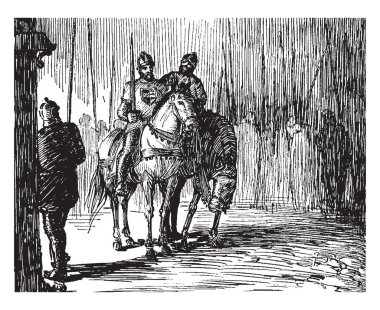 CID Campeador, bu birbirine söz sahne gösterileri iki at binici ve tutan bir at binicisi bir elinde bir askeri yürüyüş hedefe yönelik ve onlara bakmak, vintage satır çizim veya illüstrasyon oyma