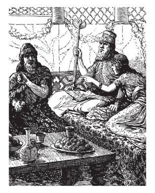 Esther kanepede birlikte Kral Xerxes ve Haman için bir ziyafet, Kral ve oturan bir kız ev sahipliği yapan ve yanlarında oturan bir adam akşam yemeği, tablo ve kral kraliyet asası, vintage çizgi çizme veya oyma illüstrasyon holding Gıda için