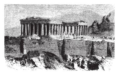 Parthenon Tapınağı, Yunan tanrıçası Athena's city of Athens, Atina Akropol, Chersiphron hexastyle, vintage çizgi çizme veya oyma illüstrasyon koruyucusu.