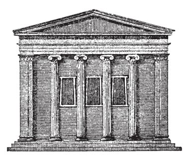 Jerry, Tetrastyle, bir Yunan iyonik, antik Yunan tapınakları yükselmesine kapsar tapınaklar, Ege Adaları, vintage çizgi çizme veya oyma illüstrasyon Yunan kasabalar.