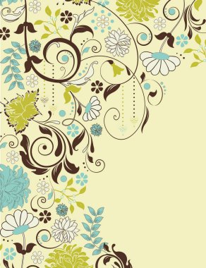 Vintage davetiye süslü zarif retro soyut çiçek tasarım, çok renkli çiçek ve metin etiketi ile açık sarı renkli yapraklarda. Vektör çizim.