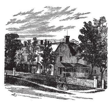 Eskiden Quincy, Massachusetts Adams ailesi tarafından sahip olduğu tarihi bir evim. Şimdi Adams National Historical Park, vintage çizgi çizme veya oyma illüstrasyon bir parçasıdır.