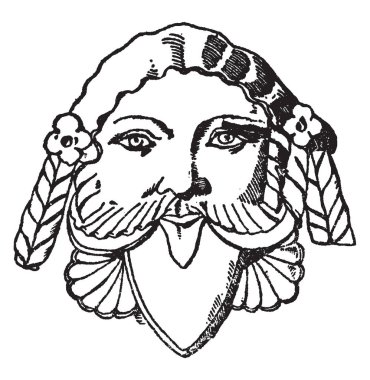 Etrüsk grotesk maskesi pişmiş toprak, vintage çizgi çizme veya oyma illüstrasyon yapılmış.