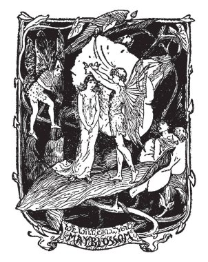 Parlak Thumbelina, bu sahne önünde, diğer melekler onları, vintage çizim arkasında duran veya illüstrasyon oyma bir erkek taçlandıran bir melek gösterir