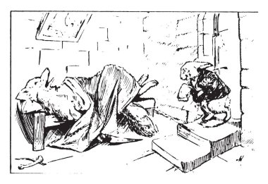 Brer Fox, bu sahneyi yatak, bir hayvan kapıdan geliyor ve fox, vintage çizgi çizme veya oyma illüstrasyon bakıyor uzanmış bir tilki gösterir.