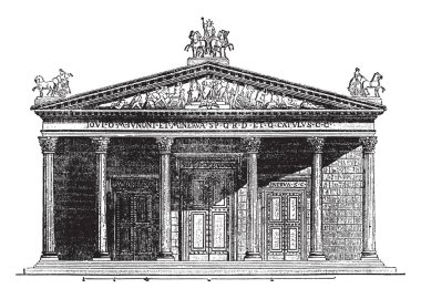 Jüpiter Tapınağı, Roma, Aedes Iovis Optimi Maximi Capitolini, Capitoline, vintage çizgi çizme veya oyma illüstrasyon en büyük Capitolinus.