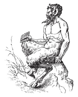 An ancient picture of Pan, the Greek god of shepherds and flocks sitting on a stone holding the reed pipe, vintage line drawing or engraving illustration. clipart