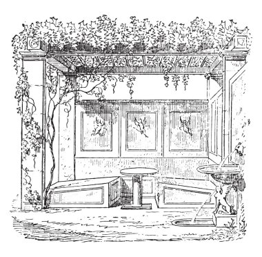 Triclinium Catullus'un evi, vintage illüstrasyon kazınmış. Antik antika aile-1881, özel hayatı