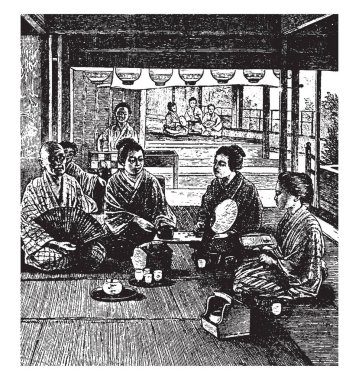 Bir çay evi, vintage çizgi çizme veya oyma illüstrasyon iç kısmıdır çay evi.