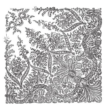 Dantel şal itici bobin net makinesi kullanılarak yapıldı, tasarım küçük narin çiçek ve yaprakları, vintage çizgi çizme veya oyma illüstrasyon yapılmış.